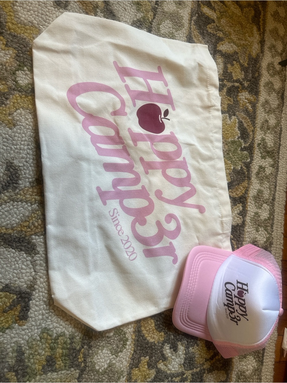 Happy Camper Pink Logo Canvas Tote - White and Pink and hat
